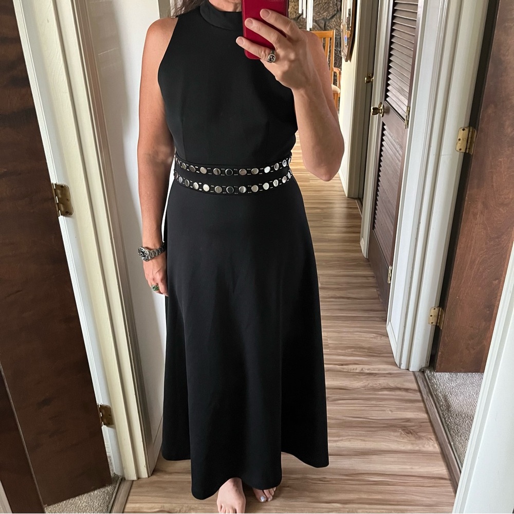 Leslie Fay Knit Maxi Dress with Silver disco beads on waist Black size Med